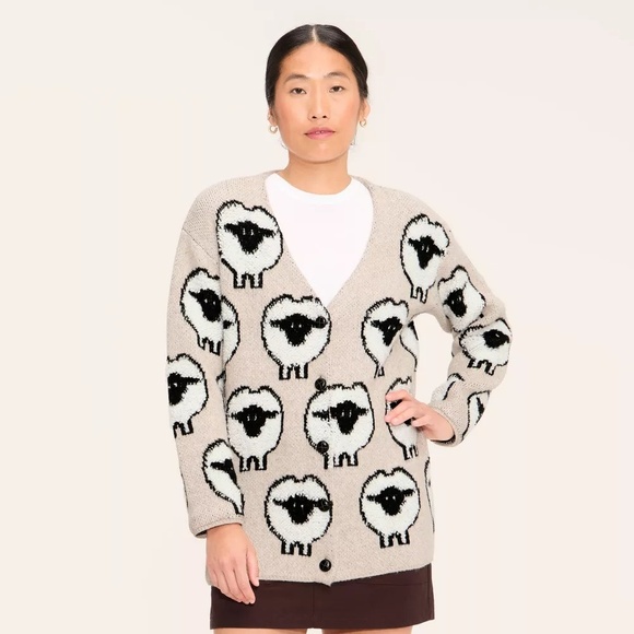 Woolrich x Target Women's XL X-Large Sheep Print‎ Relaxed Cardigan Sweater Taupe